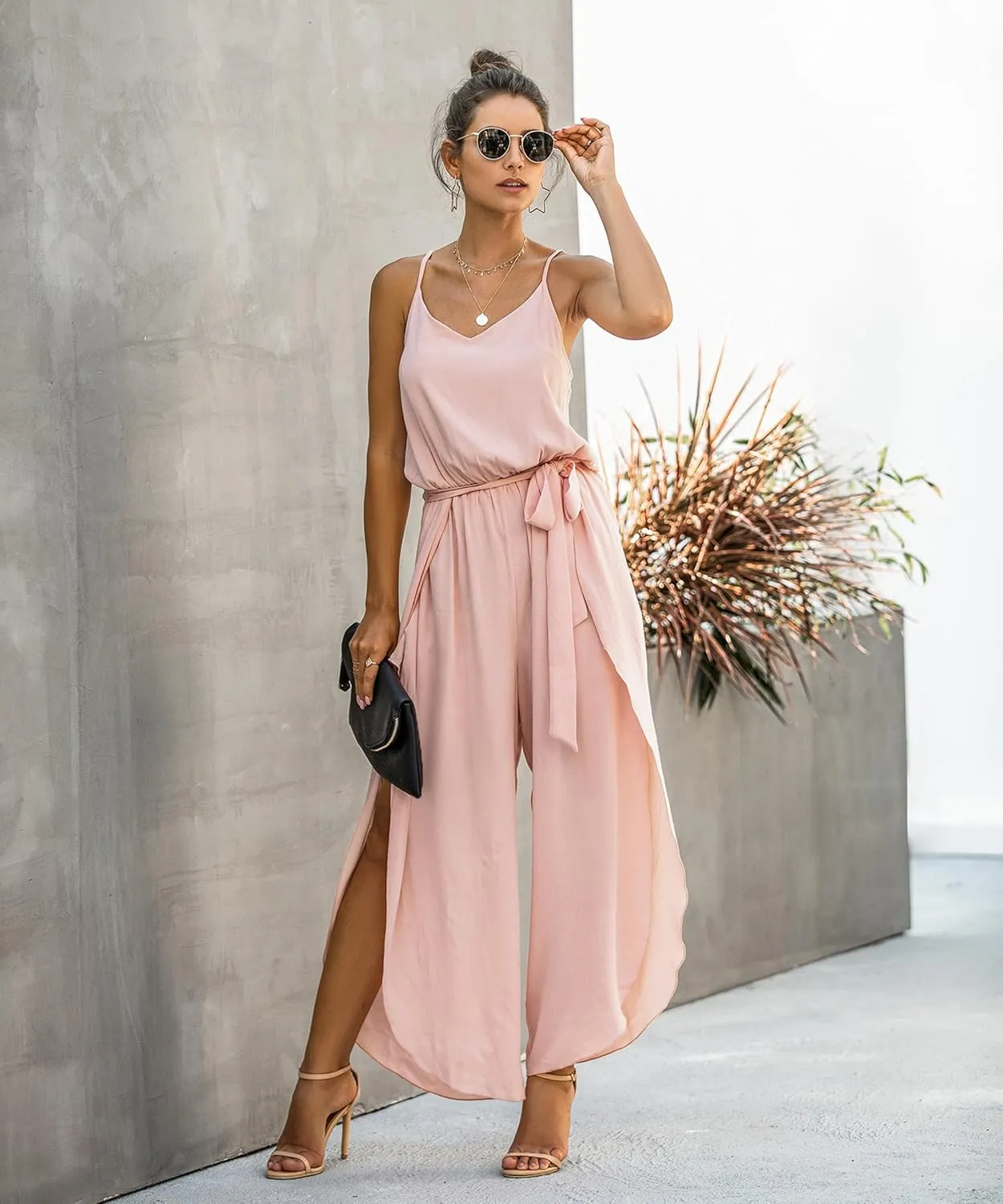 ECOWISH Womens Jumpsuit Spaghetti Strap Wide Leg Split Jumpsuits Long Overalls Summer Beach Loose Fit Rompers