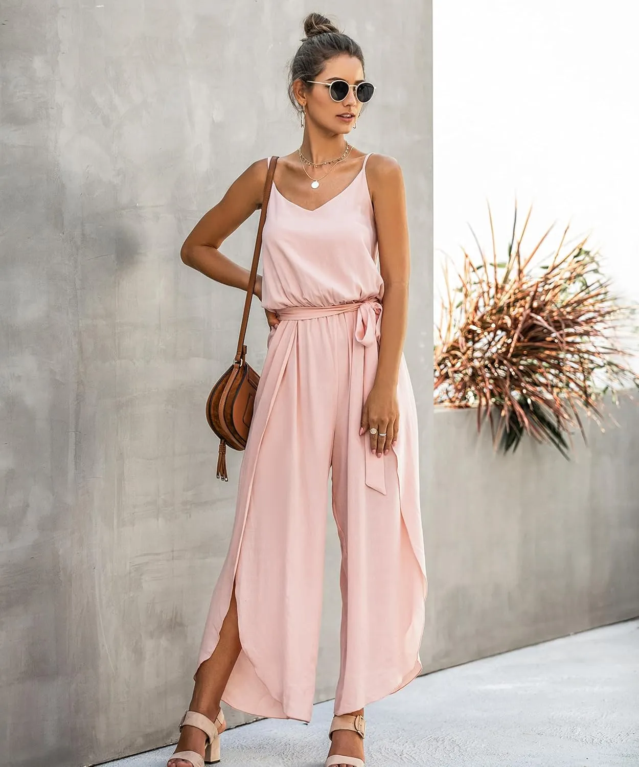 ECOWISH Womens Jumpsuit Spaghetti Strap Wide Leg Split Jumpsuits Long Overalls Summer Beach Loose Fit Rompers