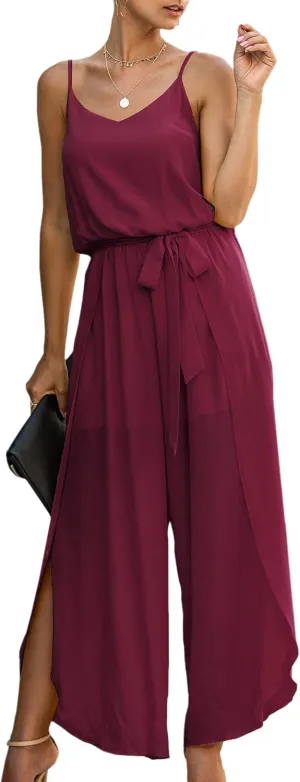 ECOWISH Womens Jumpsuit Spaghetti Strap Wide Leg Split Jumpsuits Long Overalls Summer Beach Loose Fit Rompers