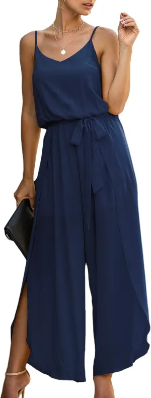 ECOWISH Womens Jumpsuit Spaghetti Strap Wide Leg Split Jumpsuits Long Overalls Summer Beach Loose Fit Rompers