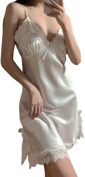 Eforcase Women's Nightgown Slip Dress Sleepwear V-Neck Spaghetti Strap Short Nightwear Lace Trim Cami Slip Dress for Summer