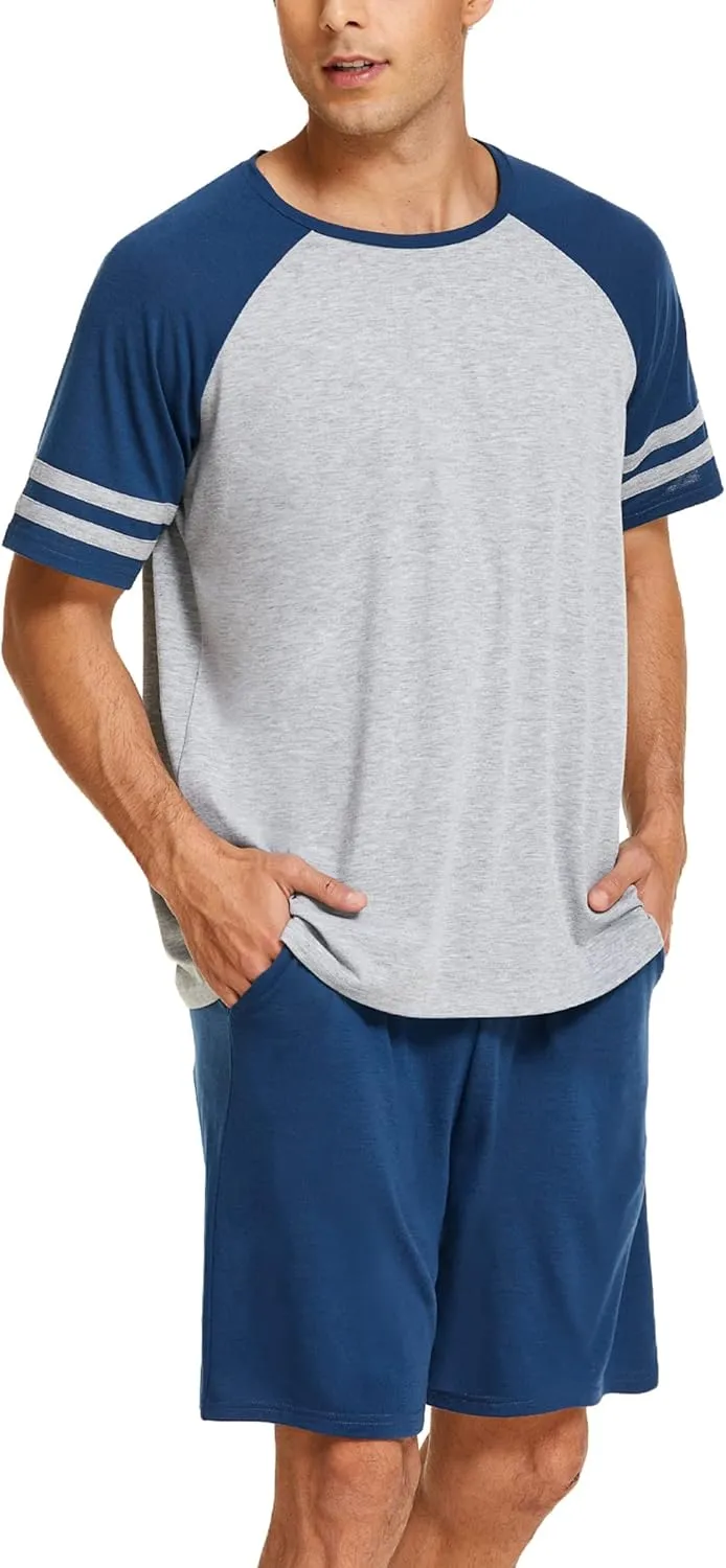 Ekouaer Mens Pajama Short Sets Short Sleeve Crewneck Pajama Lounge Set Raglan Sleepwear