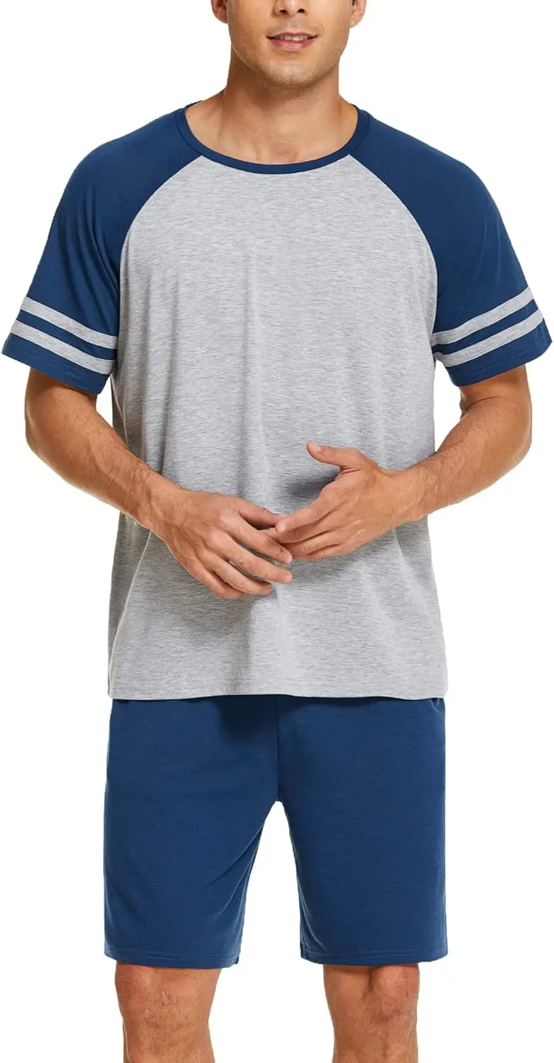 Ekouaer Mens Pajama Short Sets Short Sleeve Crewneck Pajama Lounge Set Raglan Sleepwear