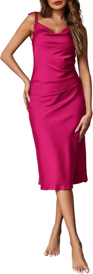 Ekouaer Women's Nightgown Satin Slip Dress Sexy Lingerie Sleepwear Long Slip Silk Midi Dress Spaghetti Strap S-XXL