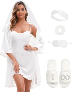 EPLAZA Bride Robe for Wedding Day Set Bridal Robe with Silk Sexy Lingerie for Wedding Bridal Bachelorette Party Getting Ready