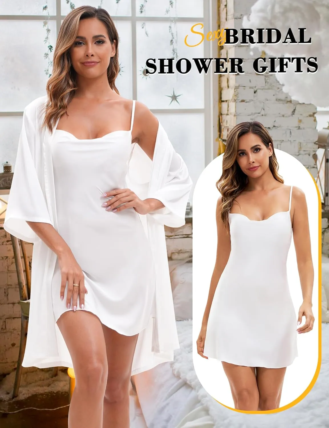 EPLAZA Bride Robe for Wedding Day Set Bridal Robe with Silk Sexy Lingerie for Wedding Bridal Bachelorette Party Getting Ready