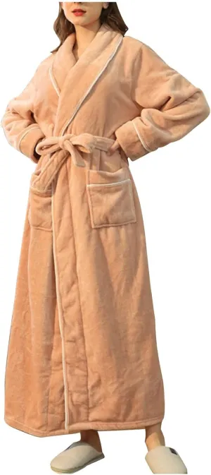 Fleece Bathrobe Women's Flannel Pajama Robe Unisex Solid Color Nightgown Soft Sleepwear Warm Nightwear Long Pyjamas