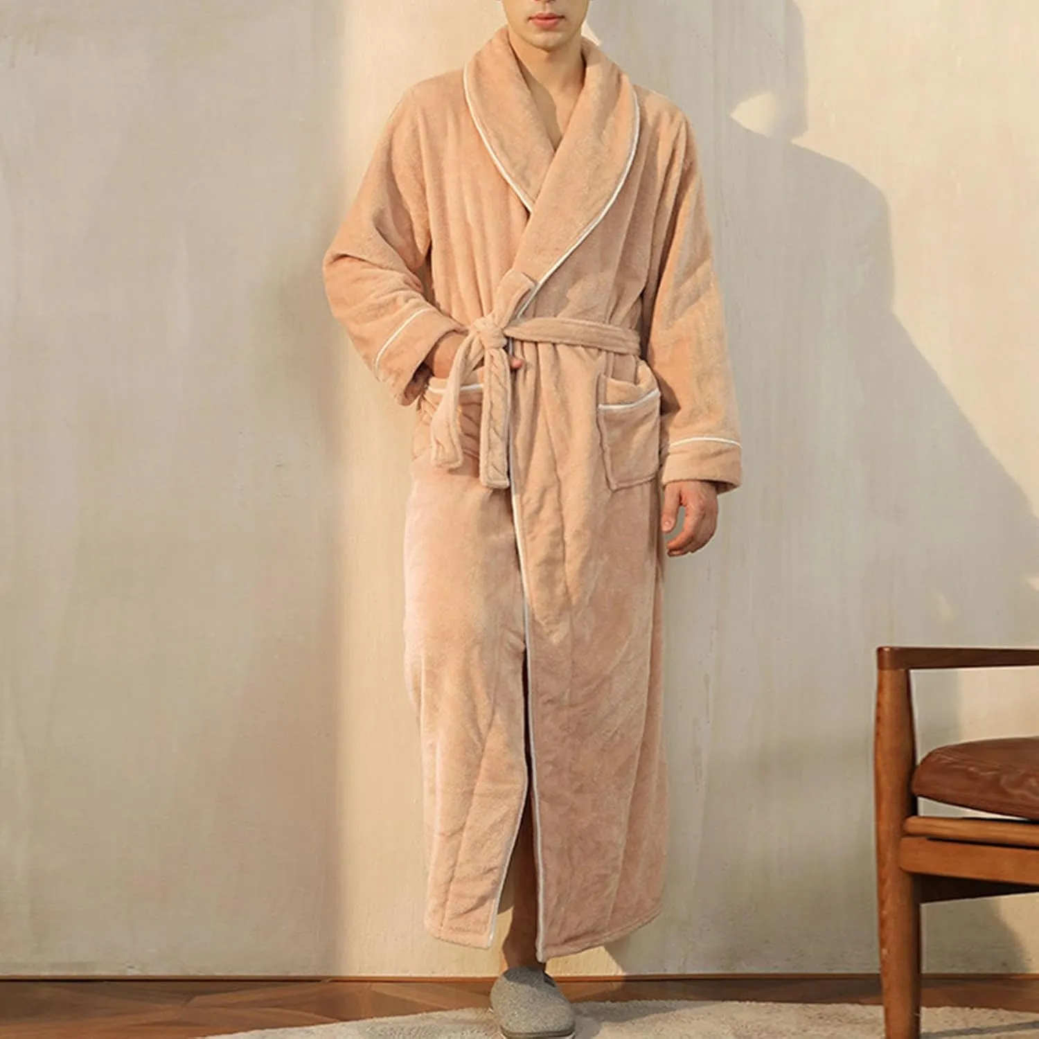 Fleece Bathrobe Women's Flannel Pajama Robe Unisex Solid Color Nightgown Soft Sleepwear Warm Nightwear Long Pyjamas
