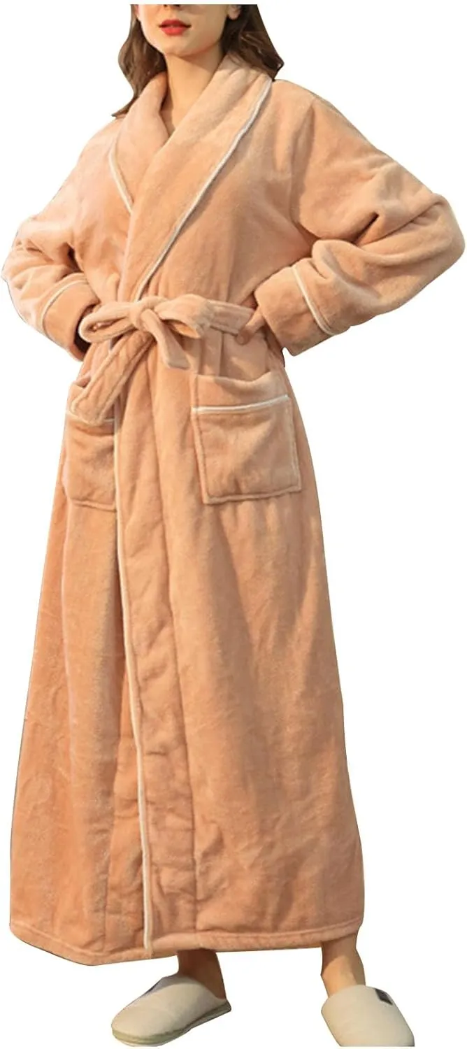 Fleece Bathrobe Women's Flannel Pajama Robe Unisex Solid Color Nightgown Soft Sleepwear Warm Nightwear Long Pyjamas