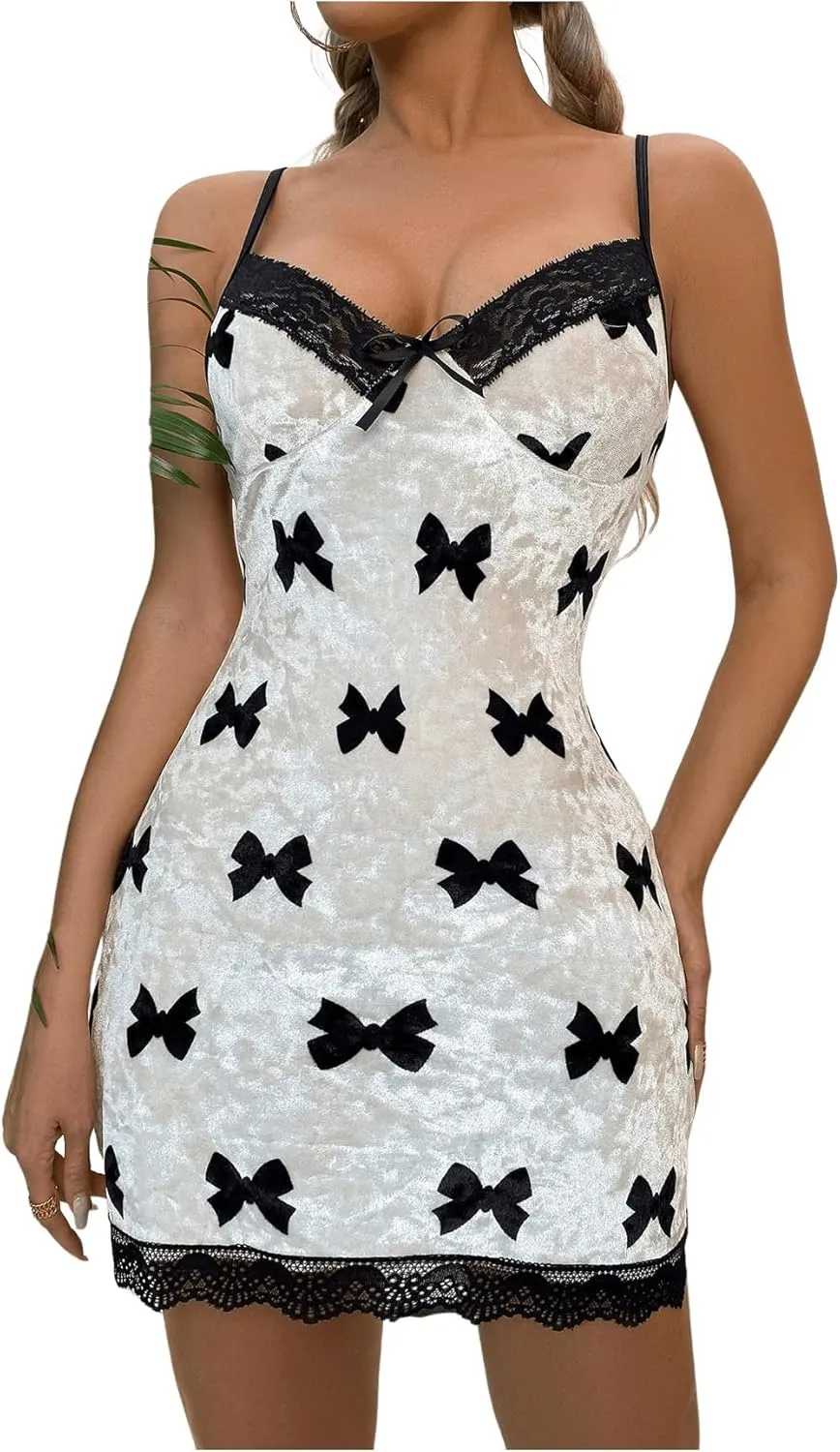 Floerns Women's Bow Print Slip Dress Contrast Lace Nightgown Velvet Night Dress
