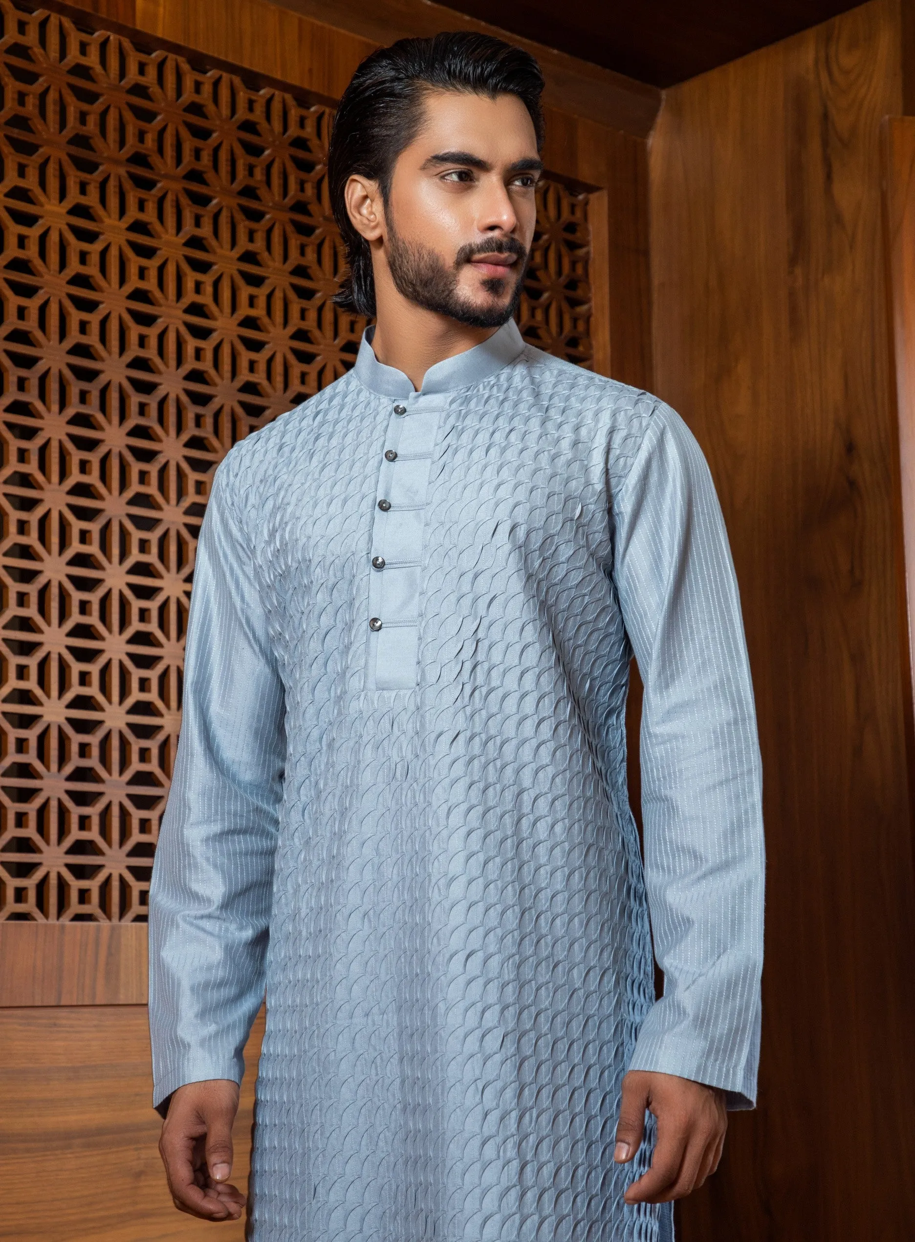 Frost Blue Shell Tucks Kurta Set