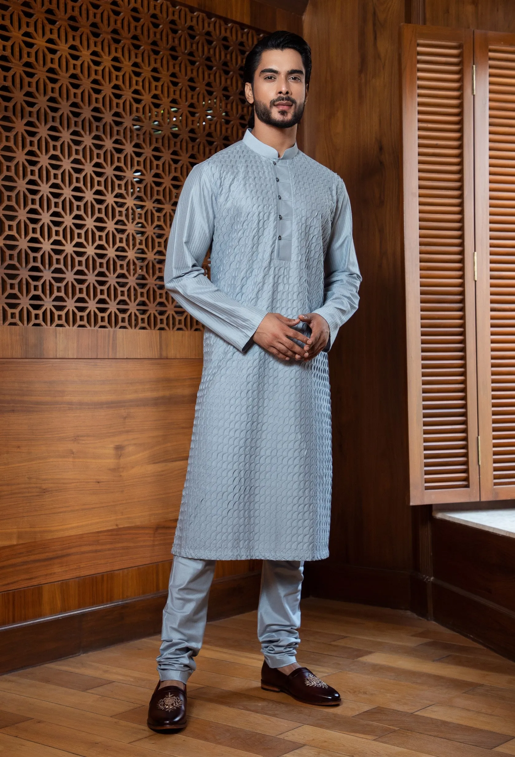 Frost Blue Shell Tucks Kurta Set