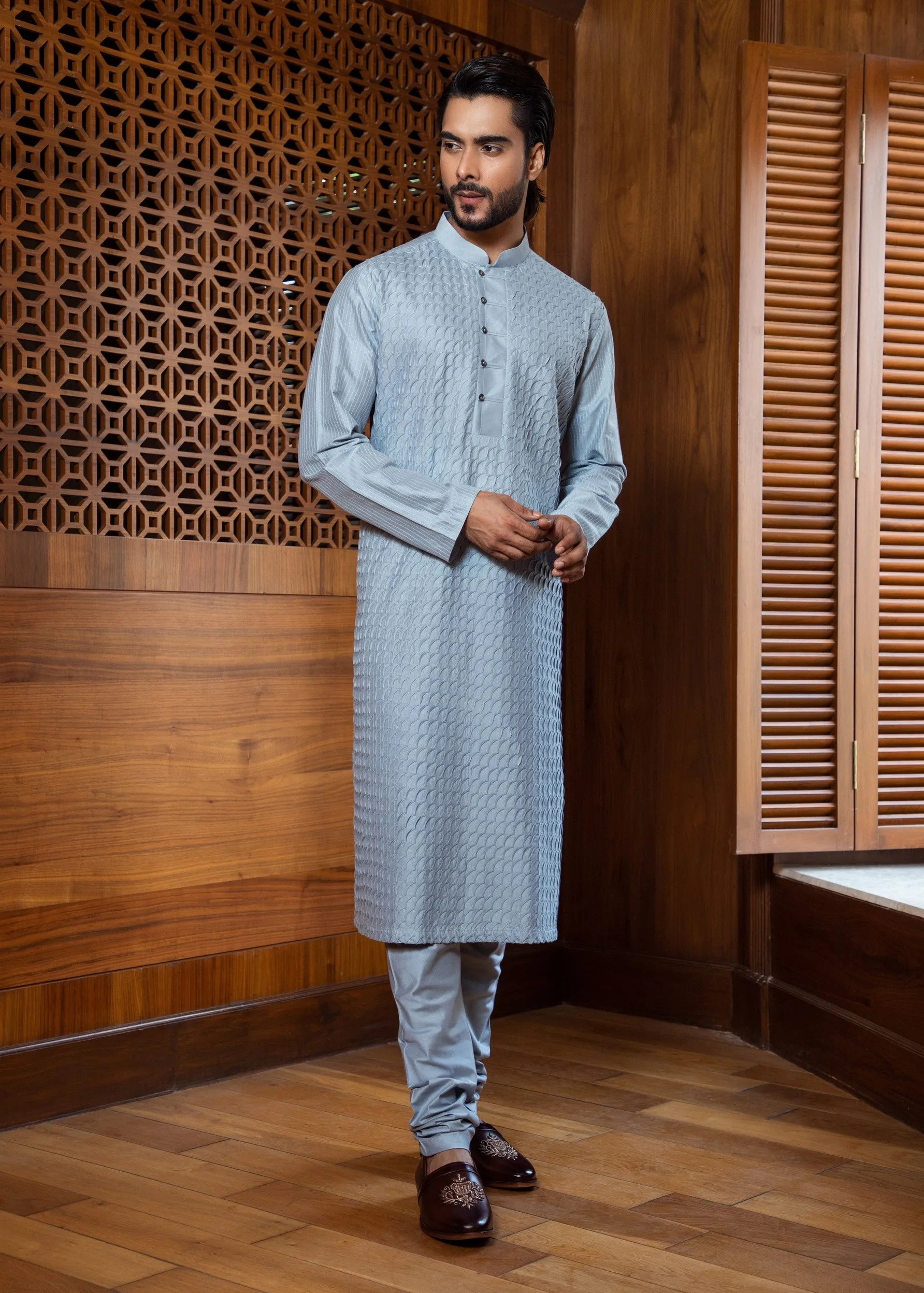 Frost Blue Shell Tucks Kurta Set