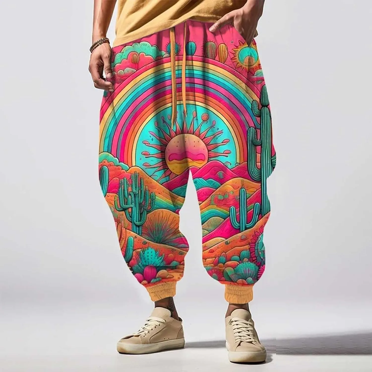 Funny Pattern Hippie Harem Pants for Men Baggy Loose Yoga Lounge Pants Hip Hop Aladdin Boho Drop Crotch Trousers