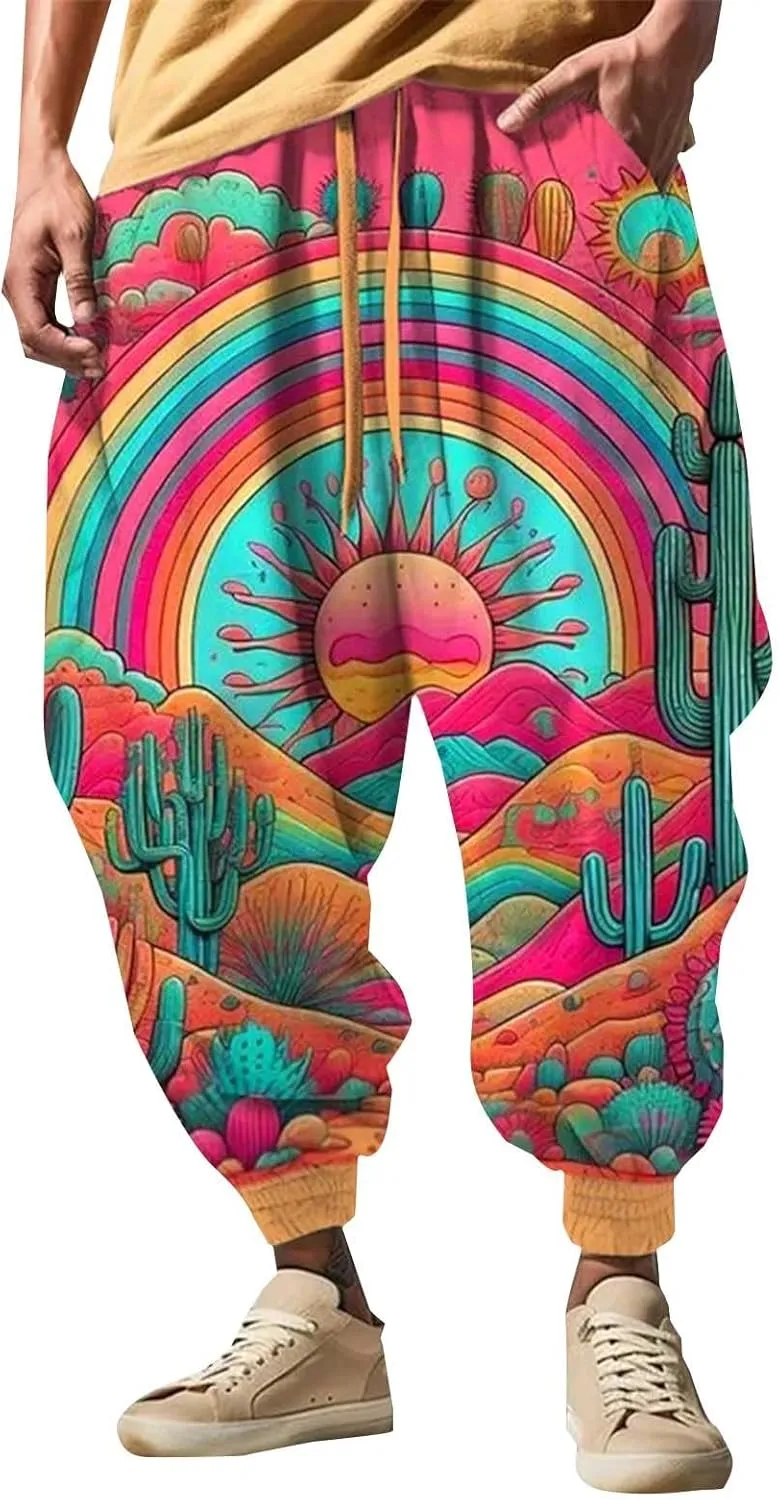 Funny Pattern Hippie Harem Pants for Men Baggy Loose Yoga Lounge Pants Hip Hop Aladdin Boho Drop Crotch Trousers