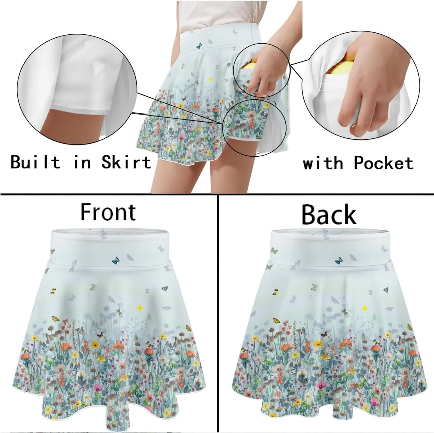 Girls Athletic Skort with Pocket 5-14 Years Sports Skirt Casual Daily Wear Outdoor Activities