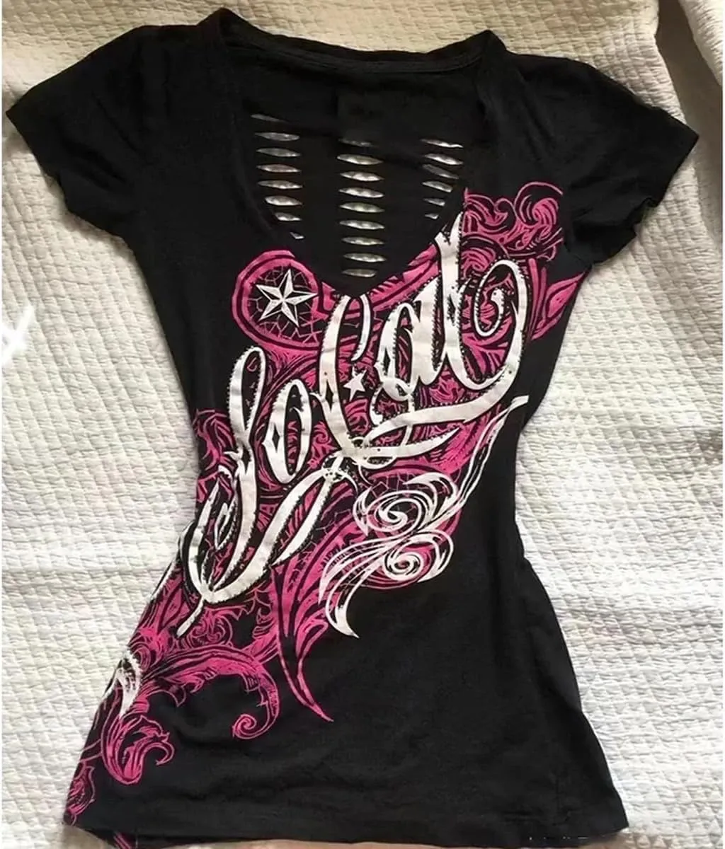 Grunge Shirts Emo Clothes Teen Girls Vintage Graphic Tee Y2k 2000s Goth Top Women Mcbling Short Sleeve Streetwear