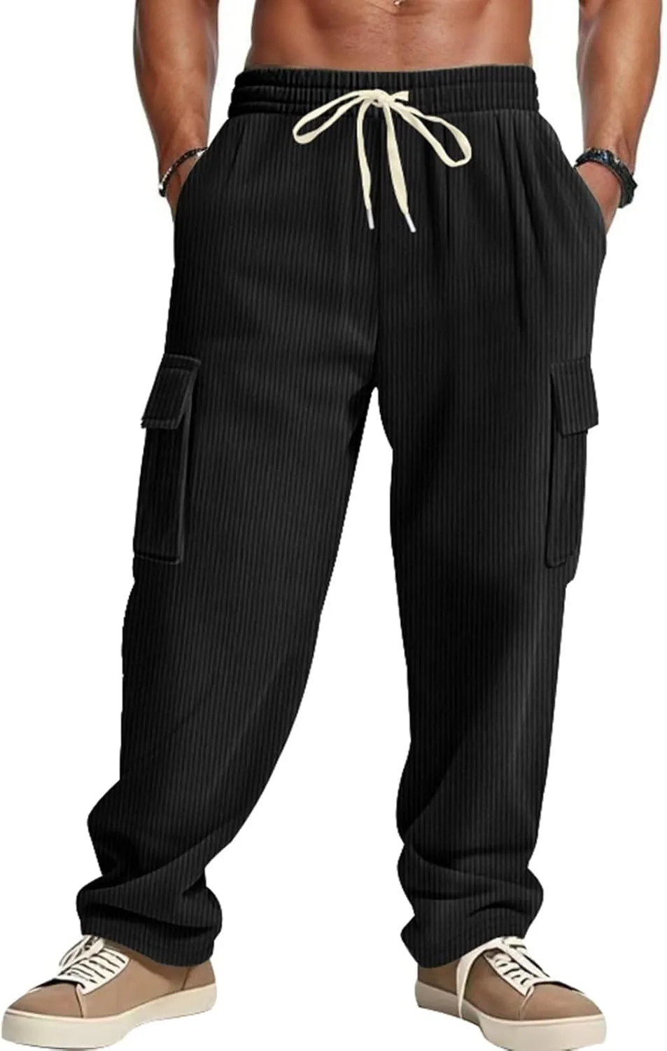 Heavyweight Corduroy Cargo Pants for Men Elastic Waisted Stretch Casual Sweatpants Wide Straight Leg Joggers with Pockets