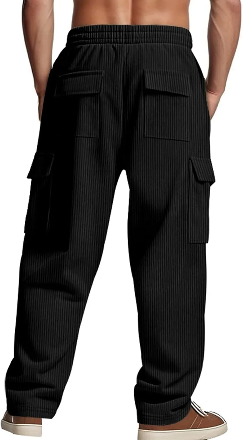 Heavyweight Corduroy Cargo Pants for Men Elastic Waisted Stretch Casual Sweatpants Wide Straight Leg Joggers with Pockets