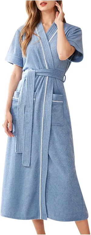 HGps8w Robes for Women Classic Long Spa Bathrobe Short Sleeve Soft Loungewear with Pockets