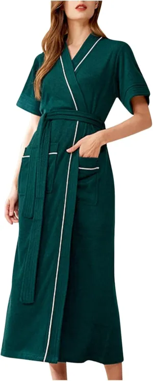 HGps8w Robes for Women Classic Long Spa Bathrobe Short Sleeve Soft Loungewear with Pockets