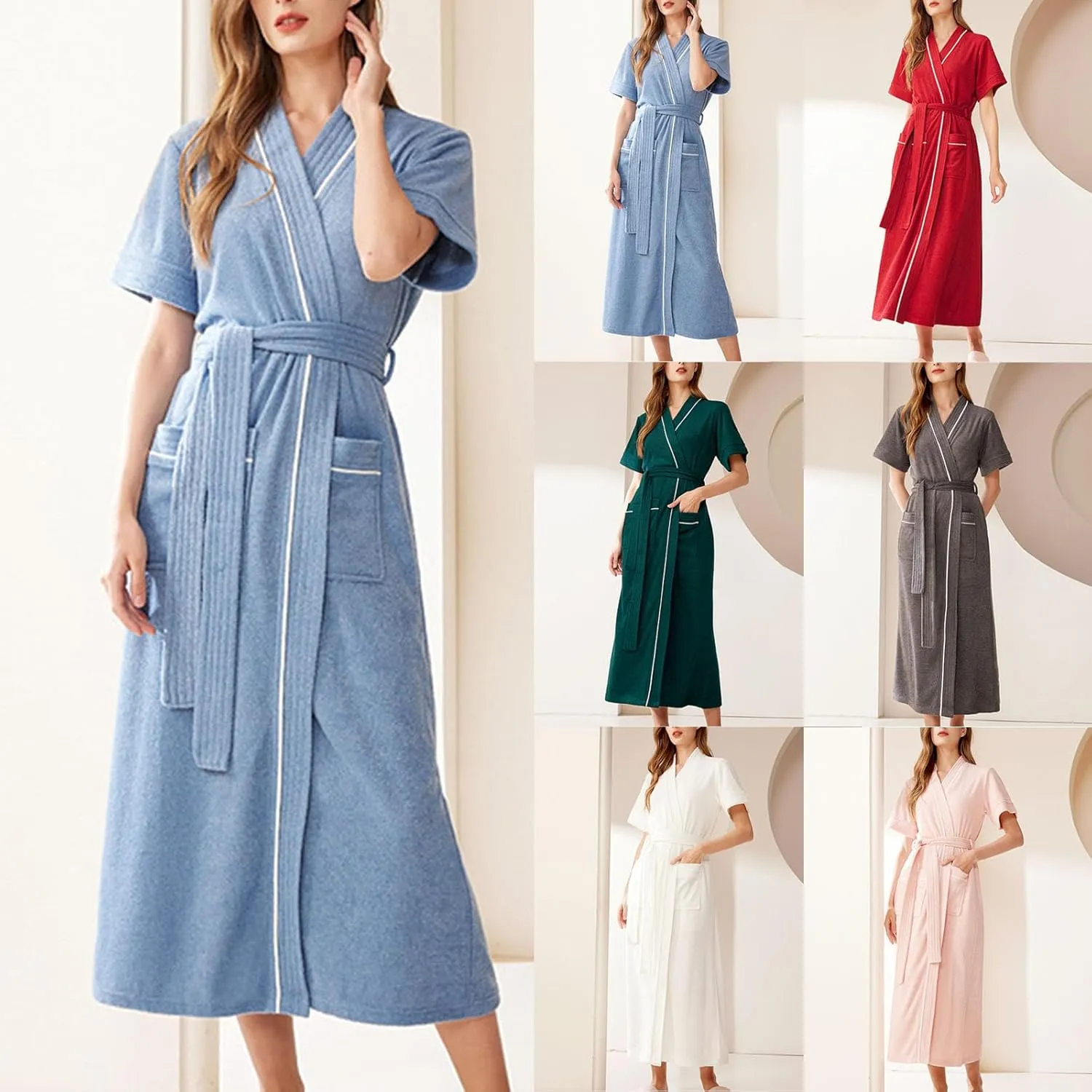 HGps8w Robes for Women Classic Long Spa Bathrobe Short Sleeve Soft Loungewear with Pockets