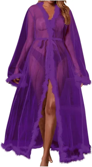 HGps8w Women's Feather Lingerie Robe Faux Fur Trim Sexy Long Sheer Kimono Bathrobe Bridal Wedding Day Nightgown
