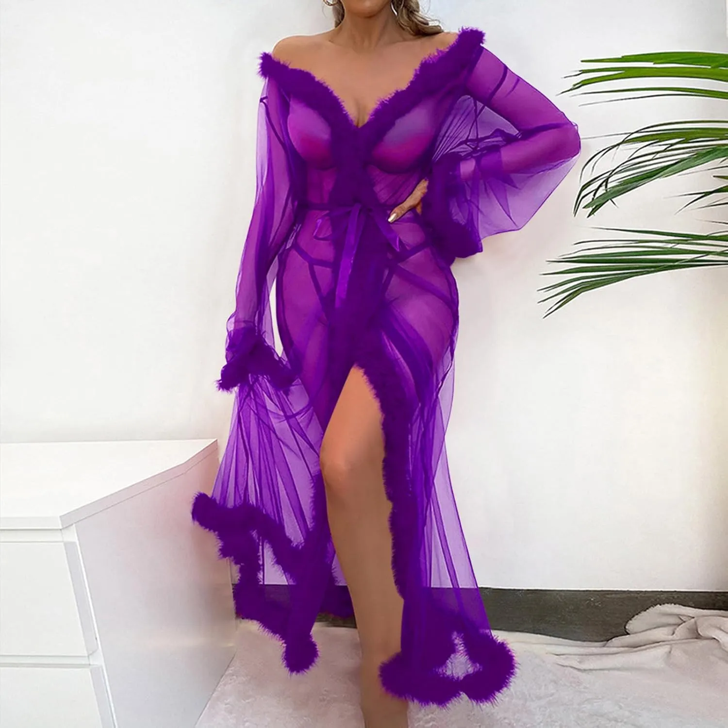 HGps8w Women's Feather Lingerie Robe Faux Fur Trim Sexy Long Sheer Kimono Bathrobe Bridal Wedding Day Nightgown