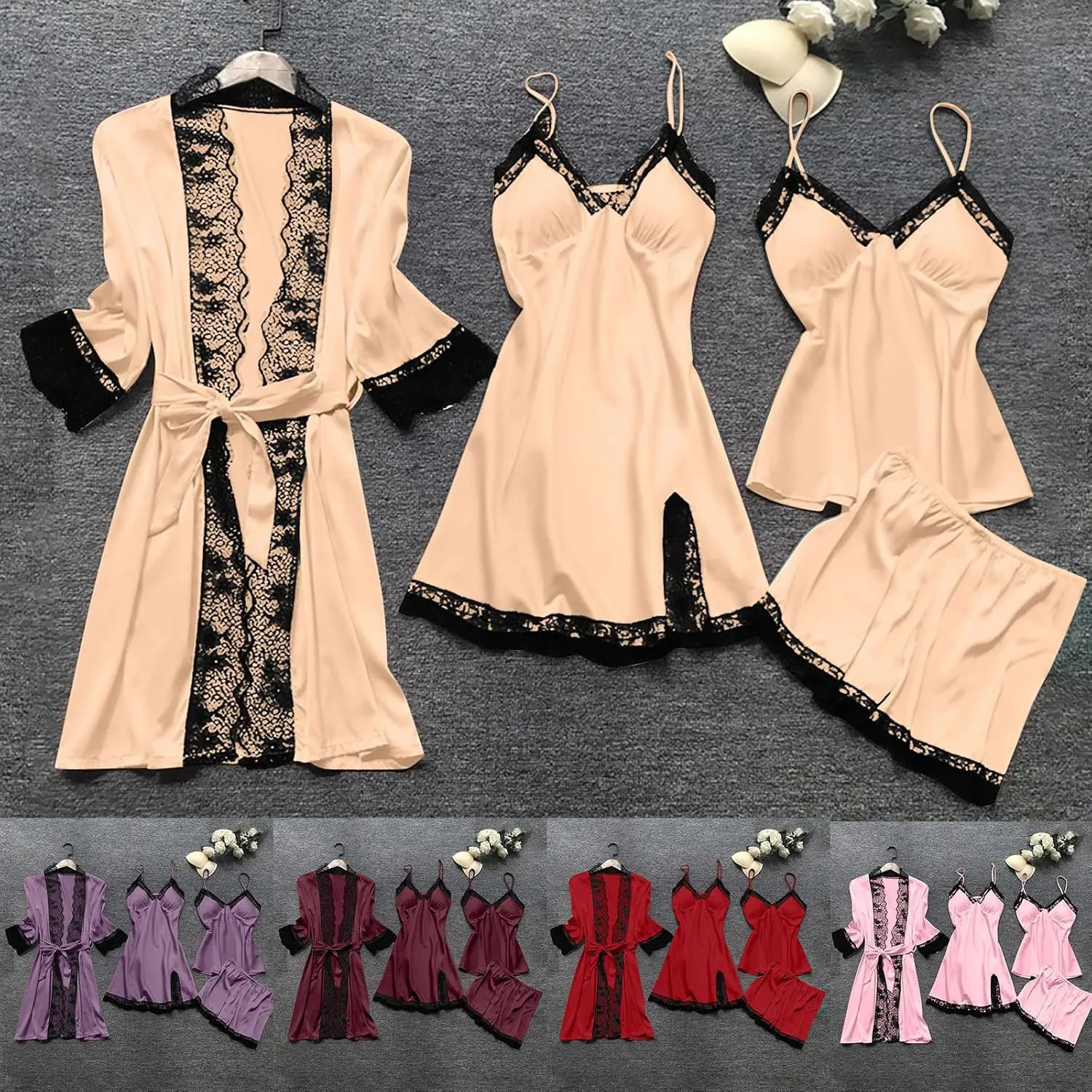 HGps8w Womens Smooth Satin Slik Pajama Sets Sexy Lace Trim Cami Shorts Nightgown Pj Set with Robe 4PCS Sleepwear