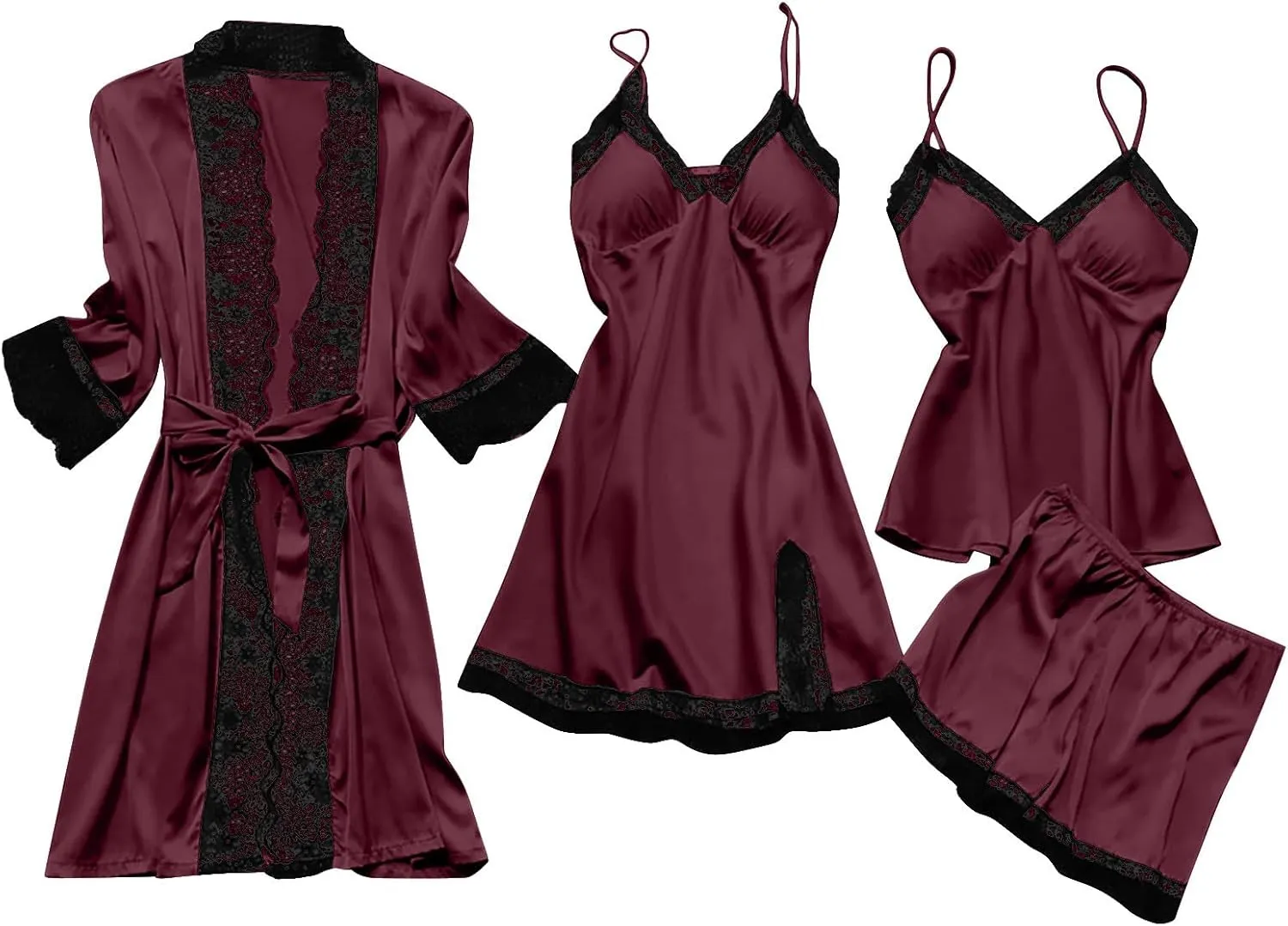 HGps8w Womens Smooth Satin Slik Pajama Sets Sexy Lace Trim Cami Shorts Nightgown Pj Set with Robe 4PCS Sleepwear