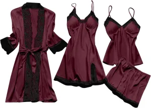 HGps8w Womens Smooth Satin Slik Pajama Sets Sexy Lace Trim Cami Shorts Nightgown Pj Set with Robe 4PCS Sleepwear