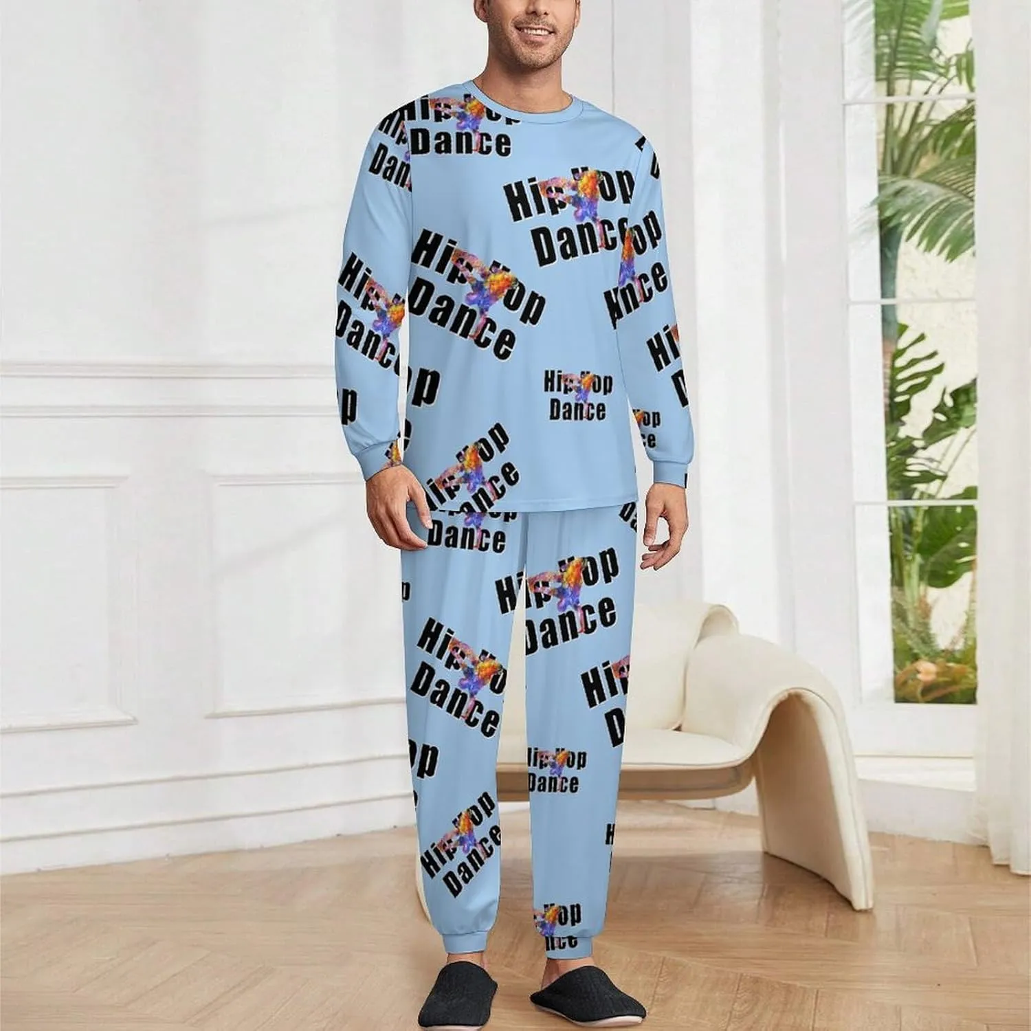 Hip Hop Dance Dancing Soft Mens Pajamas Set Round Neck Pullover Long Sleeve And Pants Loungewear 2 Piece Pjs Set