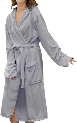 Hooded Bath Robe Women's Solid Color Bathrobe Knee Length Sleepwear Fall Winter Warm Pajama Ladies Shower Spa Pyjamas