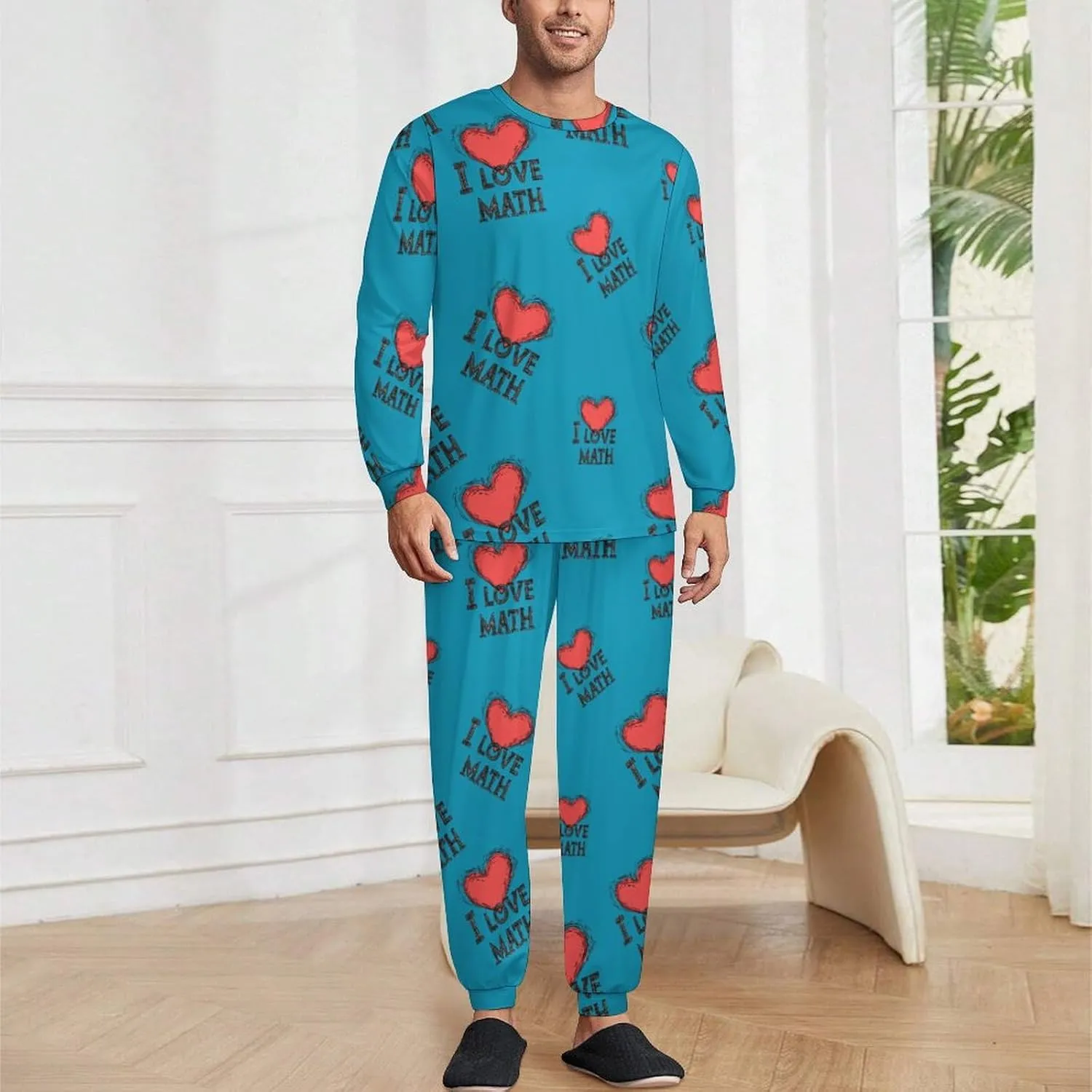I Love Math Soft Mens Pajamas Set Round Neck Pullover Long Sleeve And Pants Loungewear 2 Piece Pjs Set