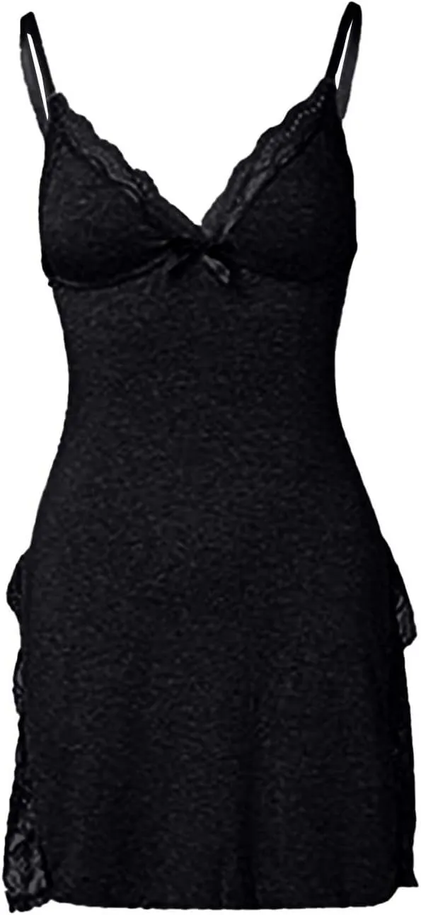 Lace Trim Sleep Dress High Slit Nightgown Lace Trim Side Sleep Dress Bowknot Decor Sleep Modal Cami Spaghetti Dress