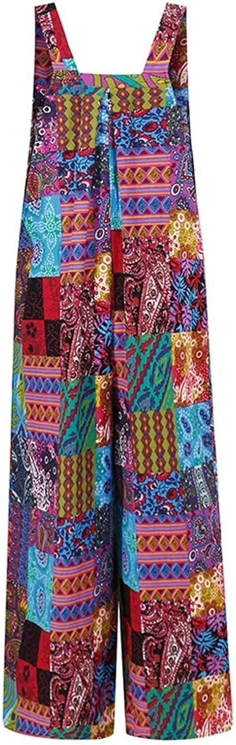 Linen Overalls for Women Boho Print Loose Fit Wide Leg Jumpsuit Summer Plus Size Floral Pants Rompers with Pockets