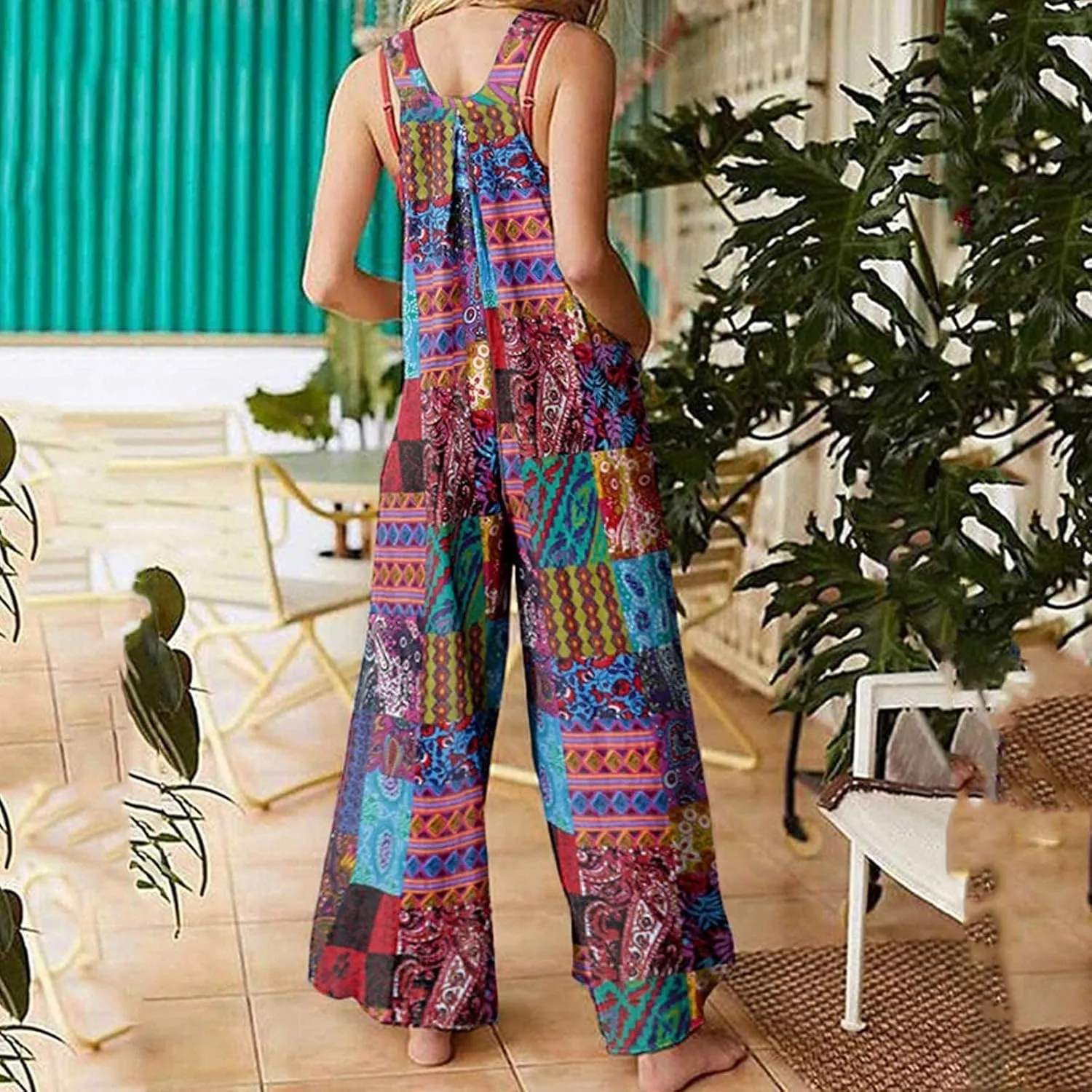 Linen Overalls for Women Boho Print Loose Fit Wide Leg Jumpsuit Summer Plus Size Floral Pants Rompers with Pockets