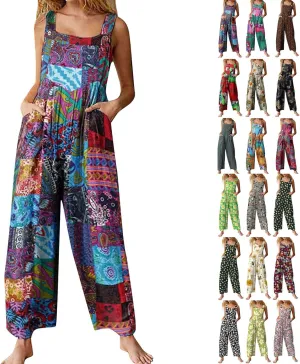 Linen Overalls for Women Boho Print Loose Fit Wide Leg Jumpsuit Summer Plus Size Floral Pants Rompers with Pockets