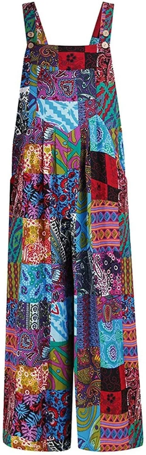 Linen Overalls for Women Boho Print Loose Fit Wide Leg Jumpsuit Summer Plus Size Floral Pants Rompers with Pockets