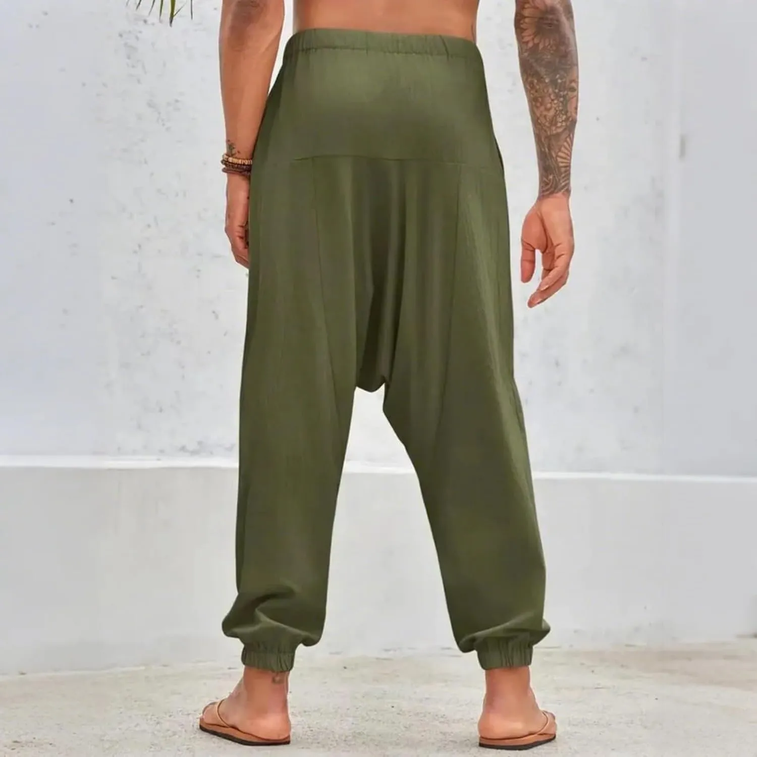 Linen Pants Elastic Waist Drawstring Beach Pants Harem Summer Pants Casual Lightweight Linen Trouser with Pockets