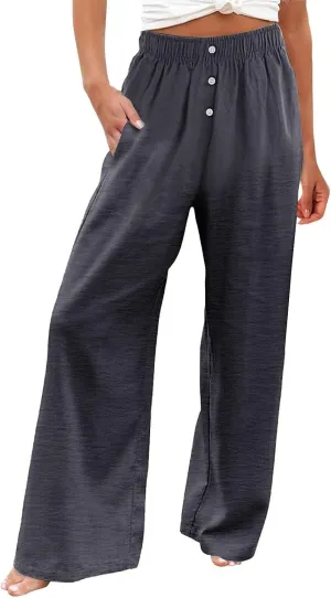 Linen Wide Leg Pants Women Summer Casual Drawstring Elastic High Waist Trousers Resort Wear Beach Trendy Palazzo Pant