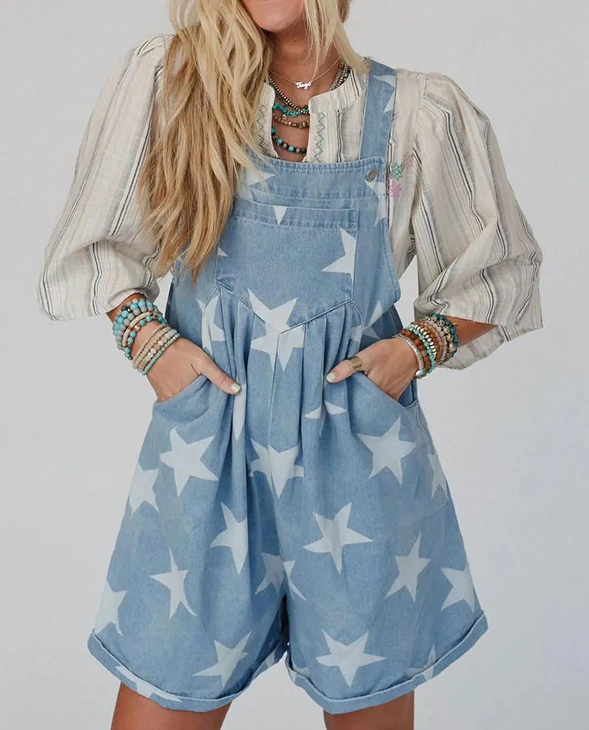 loveimgs Women Cute Ruffle Jean Romper Flared Denim Short Overall Dress Stars Print Sleeveless Straps Shortalls Y2k Summer