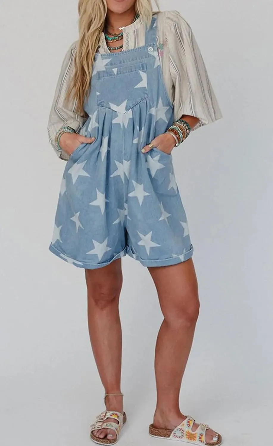 loveimgs Women Cute Ruffle Jean Romper Flared Denim Short Overall Dress Stars Print Sleeveless Straps Shortalls Y2k Summer