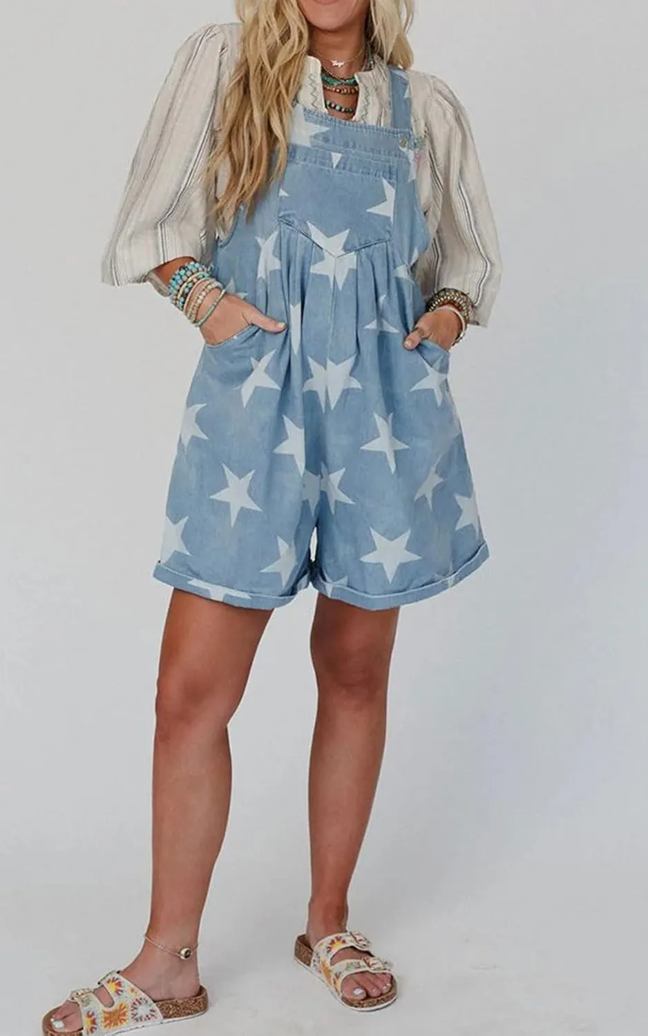 loveimgs Women Cute Ruffle Jean Romper Flared Denim Short Overall Dress Stars Print Sleeveless Straps Shortalls Y2k Summer