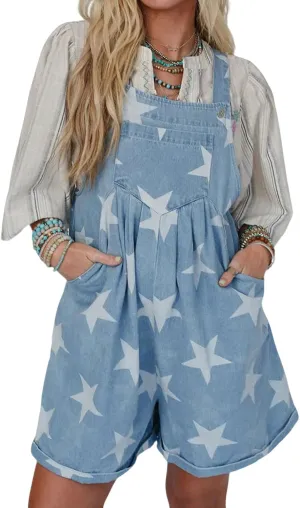 loveimgs Women Cute Ruffle Jean Romper Flared Denim Short Overall Dress Stars Print Sleeveless Straps Shortalls Y2k Summer