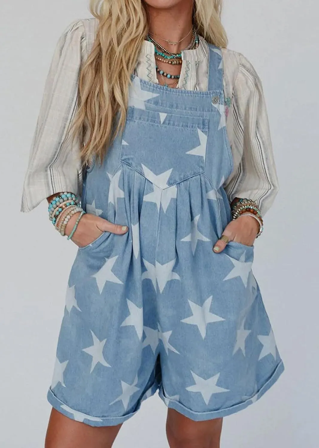 loveimgs Women Cute Ruffle Jean Romper Flared Denim Short Overall Dress Stars Print Sleeveless Straps Shortalls Y2k Summer