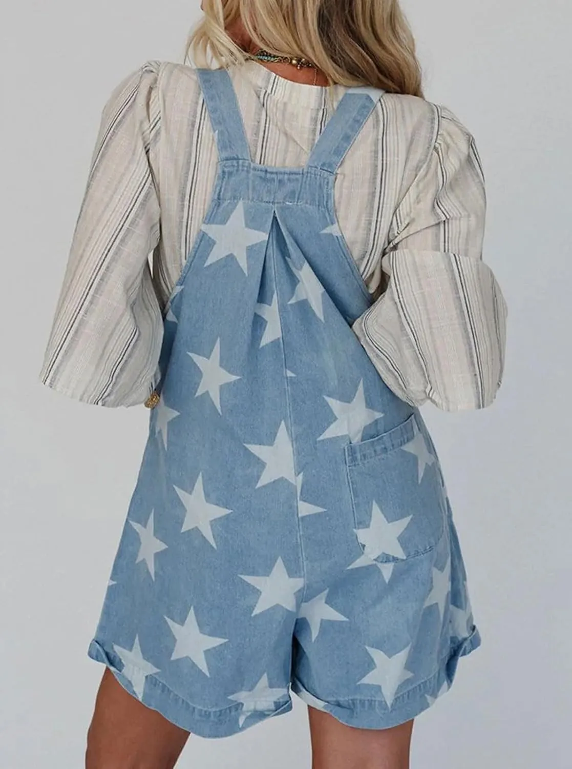 loveimgs Women Cute Ruffle Jean Romper Flared Denim Short Overall Dress Stars Print Sleeveless Straps Shortalls Y2k Summer