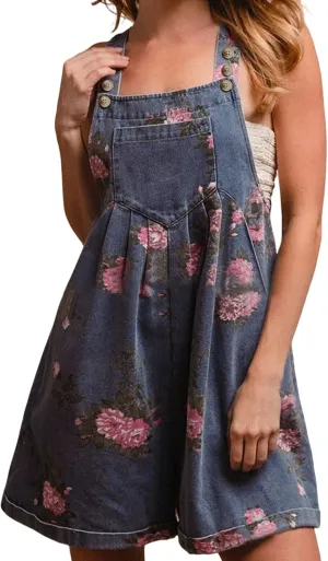 loveimgs Women Summer Straps Ruffle Short Denim Romper Floral Jean Overall Dress Cute Sleeveless Flared Jean Romper Y2k
