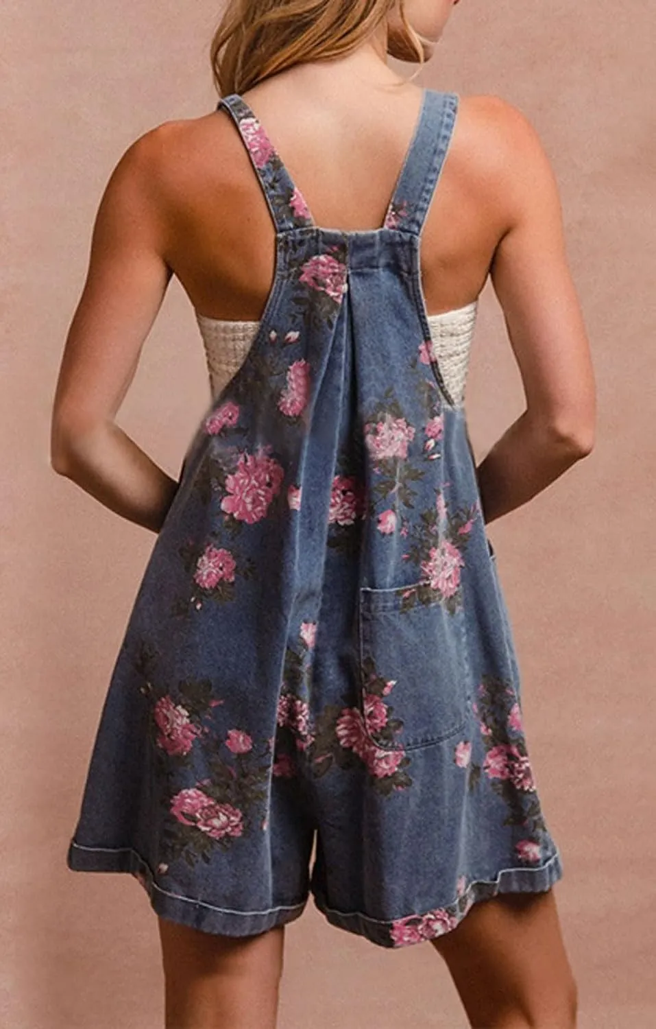 loveimgs Women Summer Straps Ruffle Short Denim Romper Floral Jean Overall Dress Cute Sleeveless Flared Jean Romper Y2k