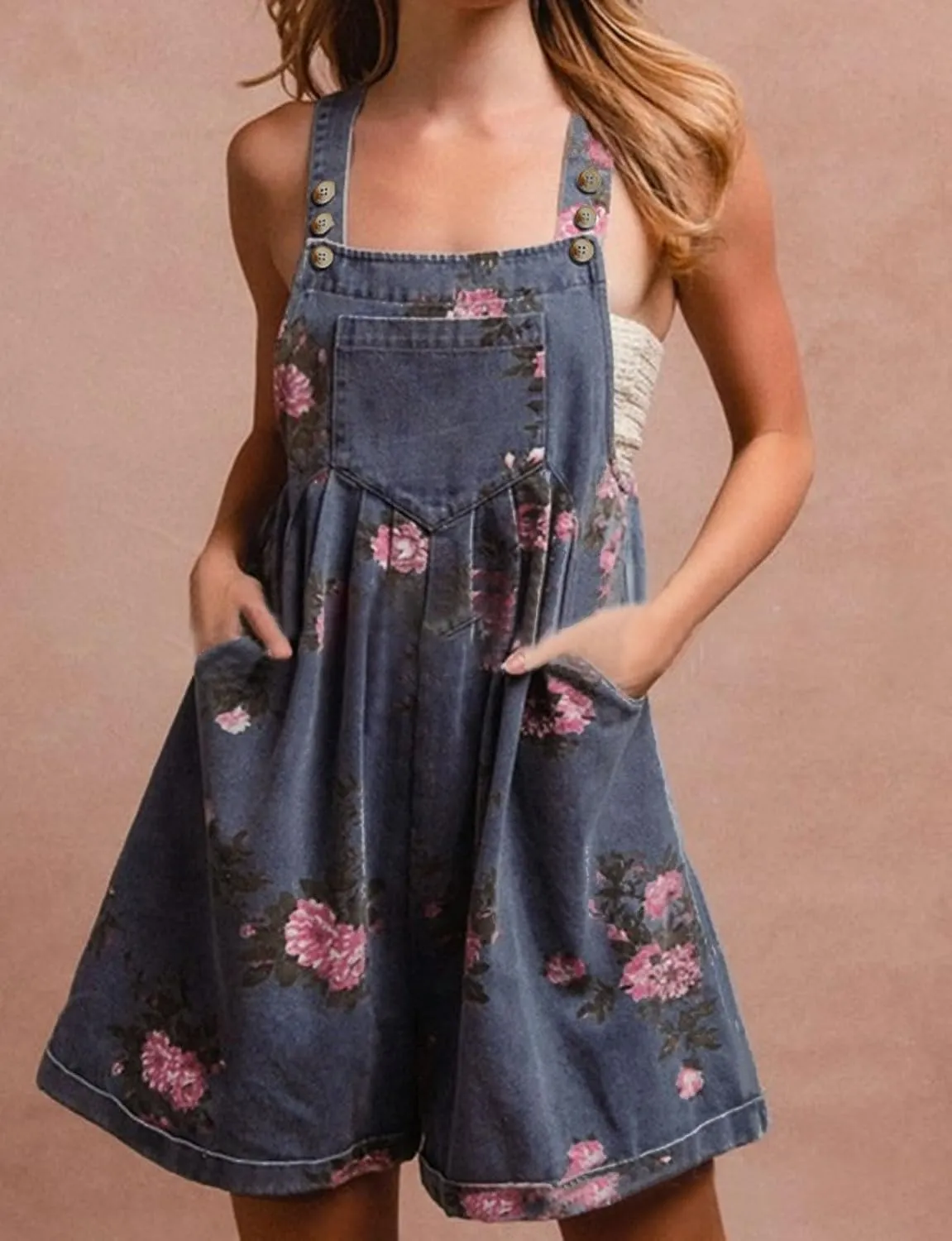 loveimgs Women Summer Straps Ruffle Short Denim Romper Floral Jean Overall Dress Cute Sleeveless Flared Jean Romper Y2k